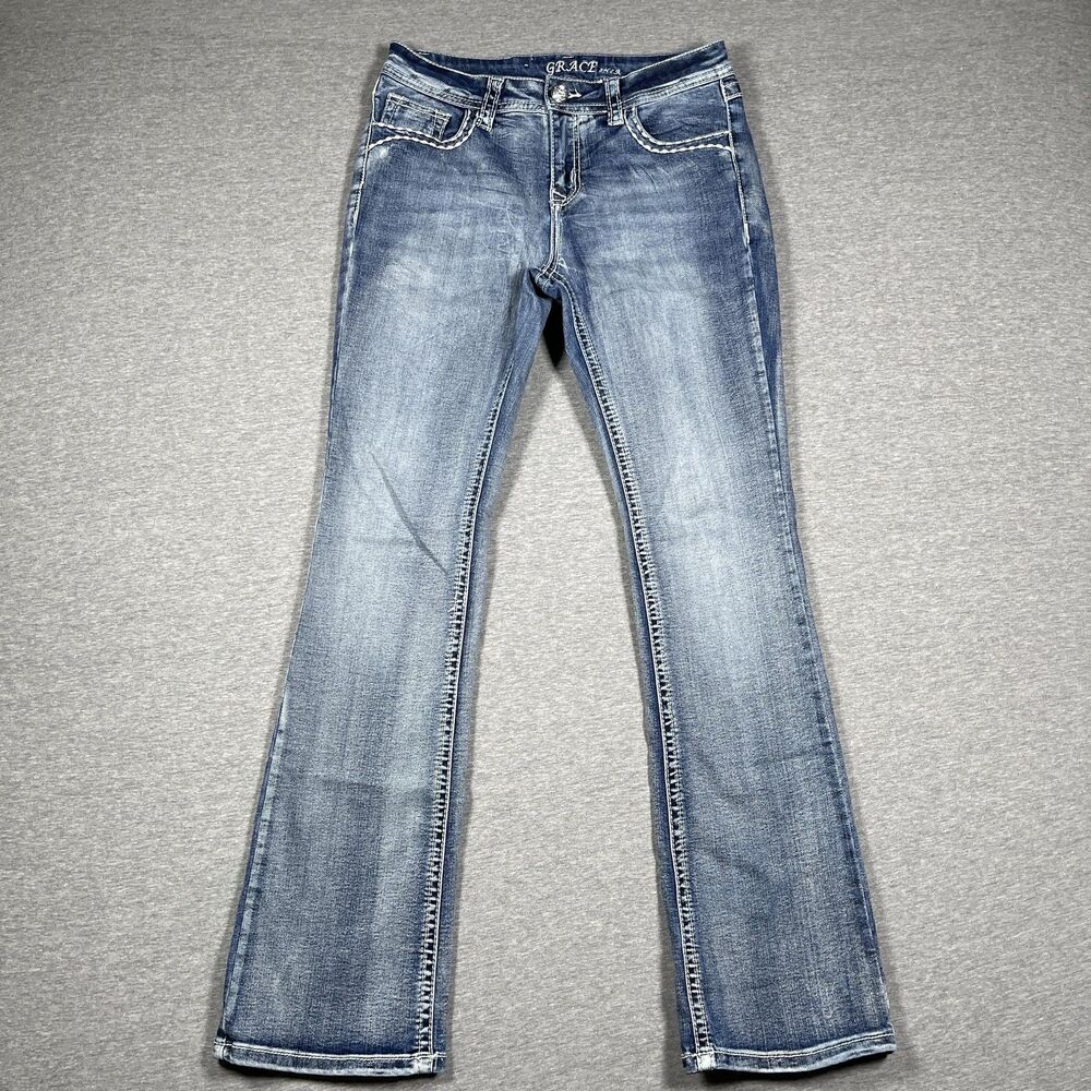 Grace In LA Jeans Juniors 7-28 Blue Bootcut Mid Rise Embroidered Rhinestone